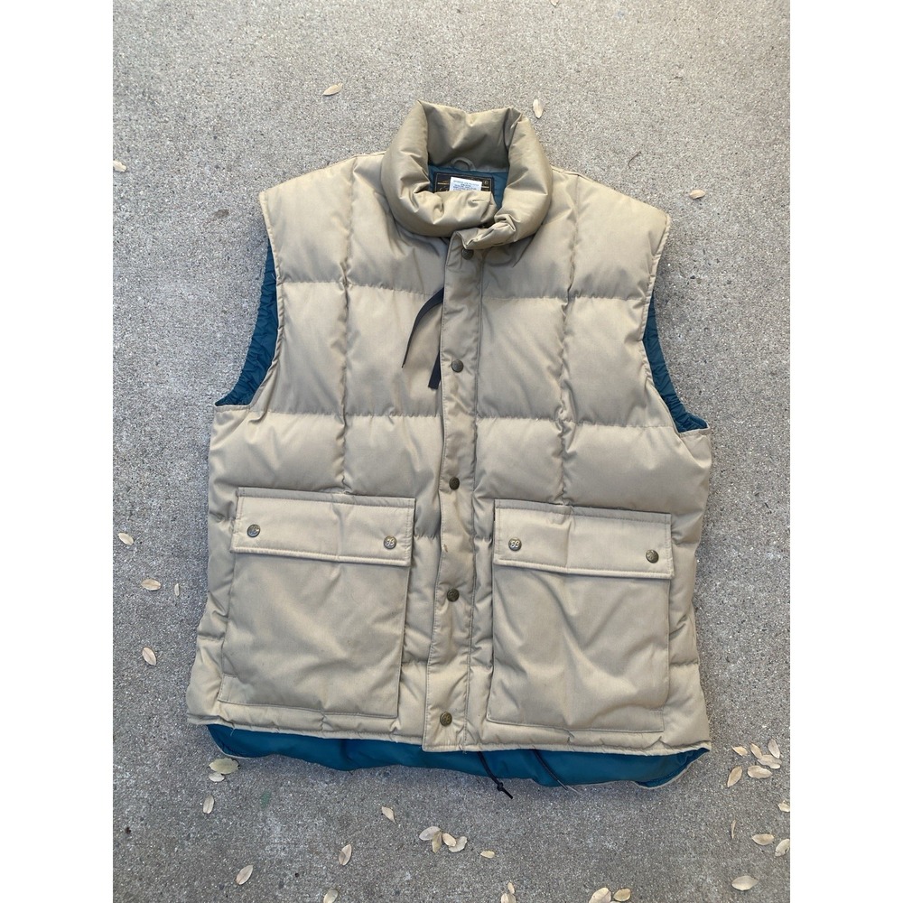Vintage Eddie Bauer Goose Down Vest Khaki Made in USA Men's Large 70s 80s Snap